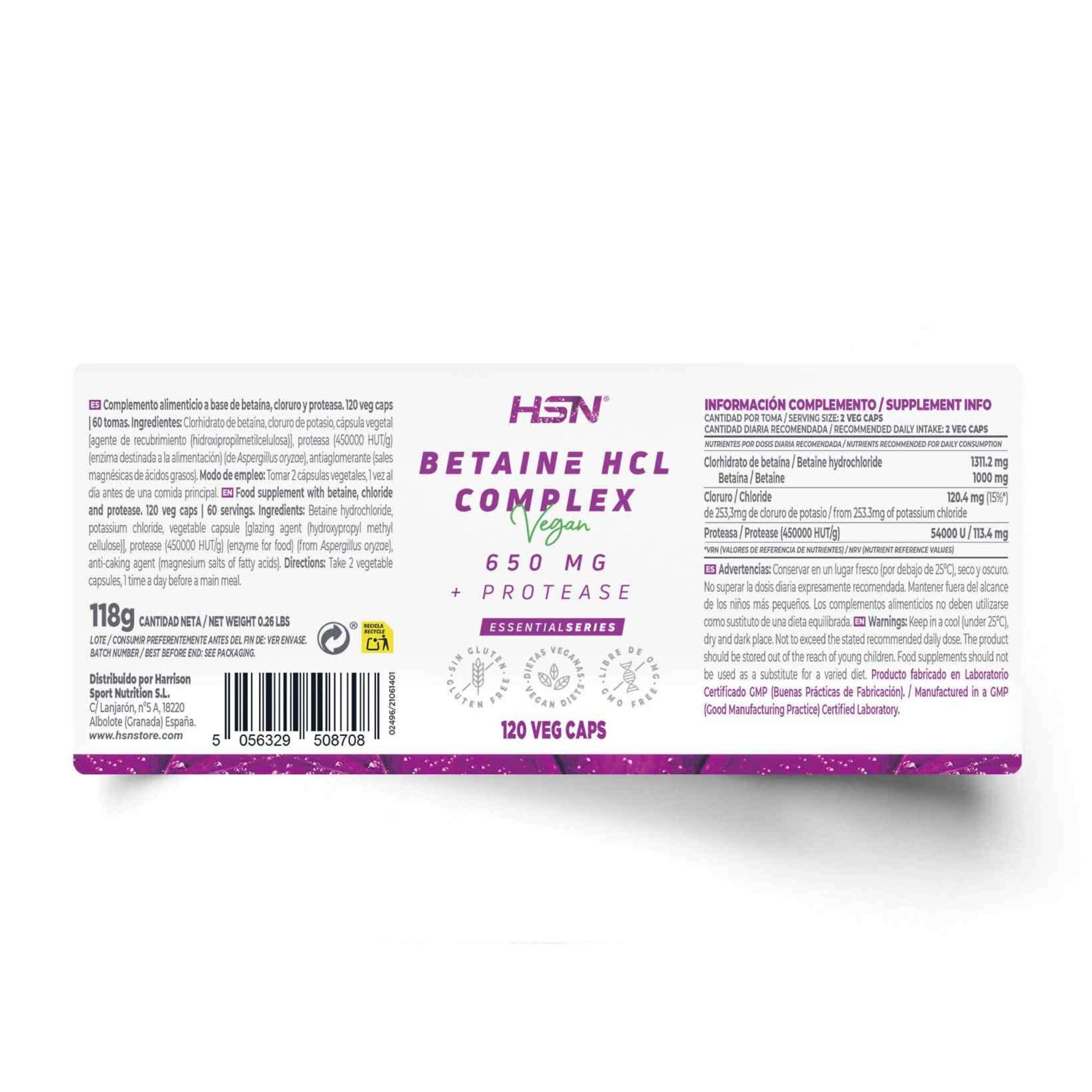 Betaine HCL 650MG Complex, 120 Veg Capsules - Image 2